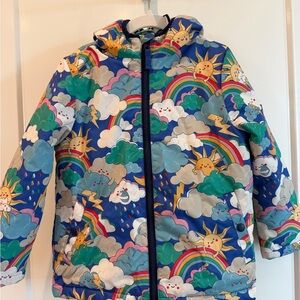 Mini Boden Blue Kids Raincoat with Rainbow and Cloud Print